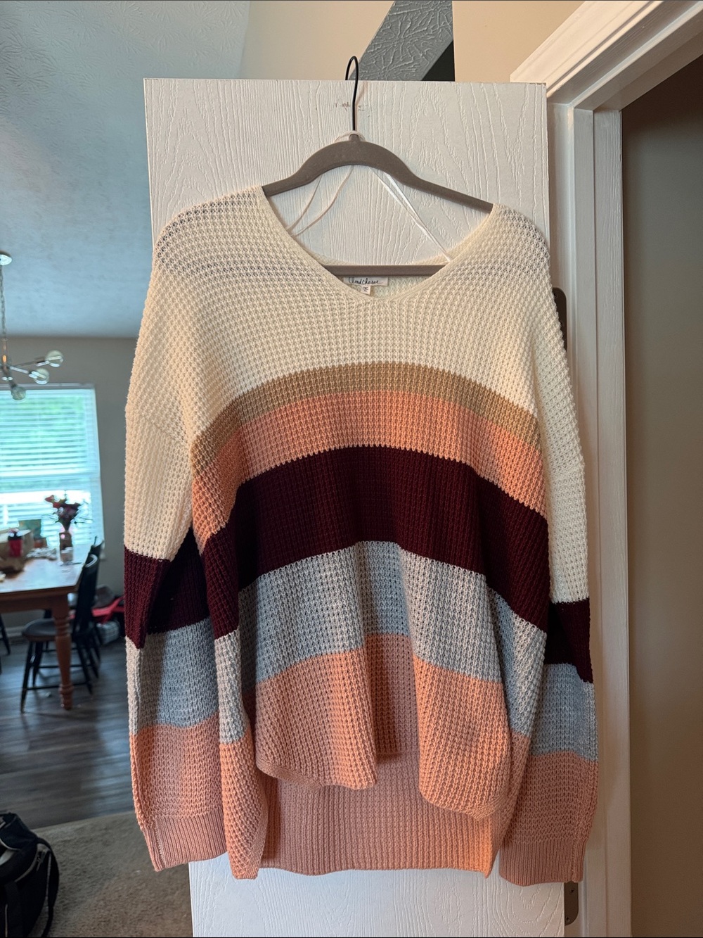NEVER WORN Women's V-Neck Striped Sweater in Cream, Peach, Gray, Burgundy